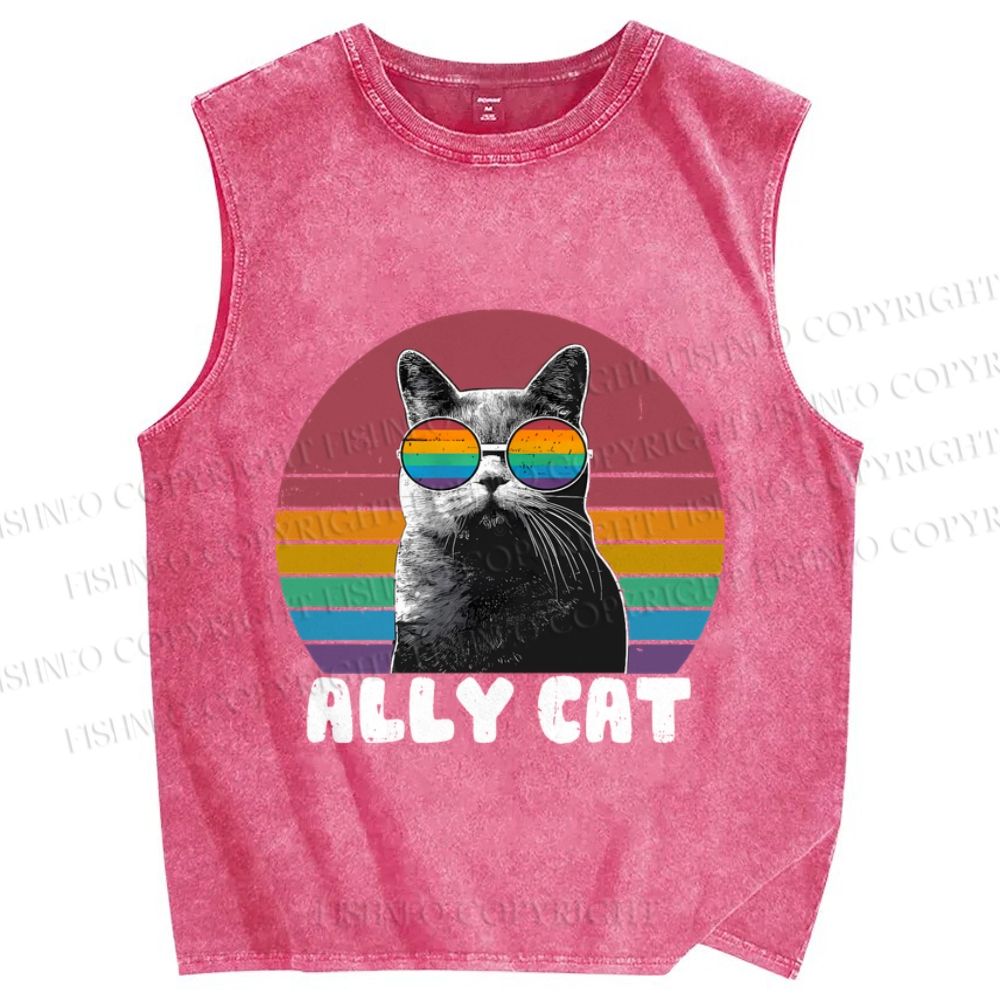 Unisex Pride Ally Cat Vintage Printed Washed Tank Top