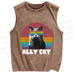 Unisex Pride Ally Cat Vintage Printed Washed Tank Top