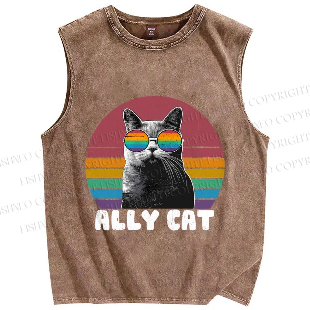 Unisex Pride Ally Cat Vintage Printed Washed Tank Top