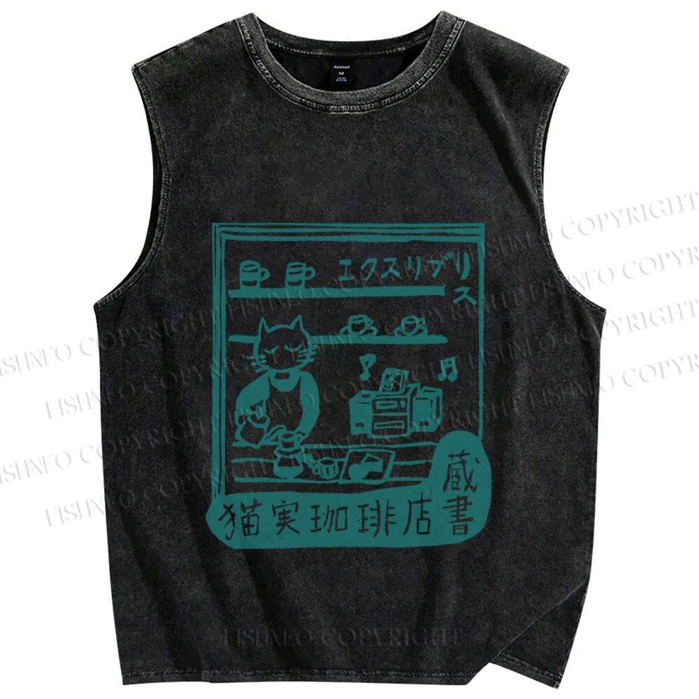 Unisex Vintage Cat‘s Cafe Printed Washed Tank Top