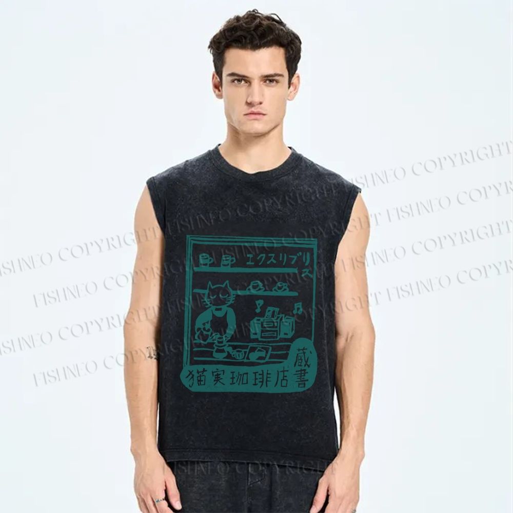 Unisex Vintage Cat‘s Cafe Printed Washed Tank Top