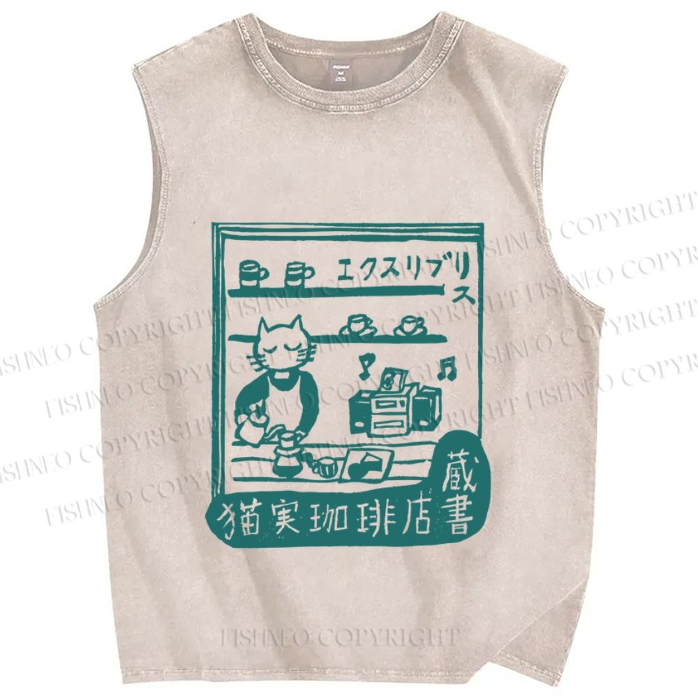 Unisex Vintage Cat‘s Cafe Printed Washed Tank Top