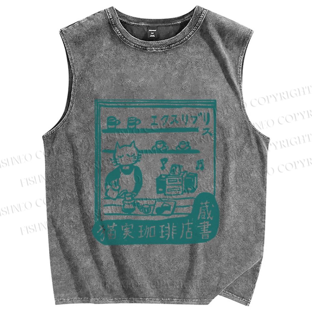 Unisex Vintage Cat‘s Cafe Printed Washed Tank Top