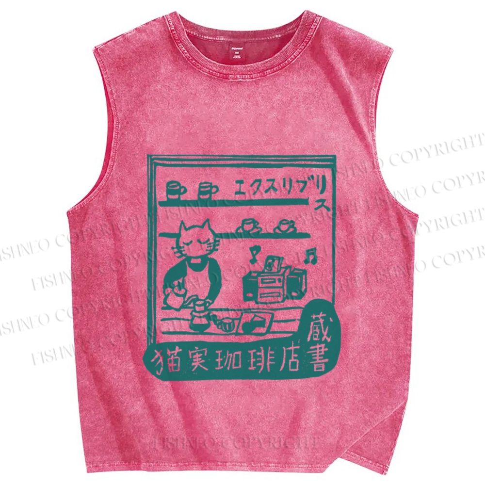 Unisex Vintage Cat‘s Cafe Printed Washed Tank Top