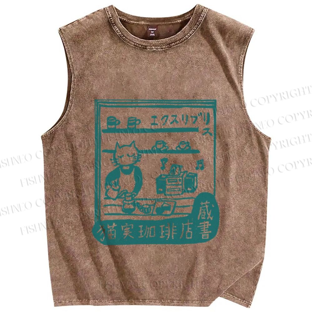 Unisex Vintage Cat‘s Cafe Printed Washed Tank Top