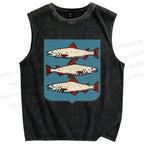 Unisex Vintage Fish Printed Washed Tank Top