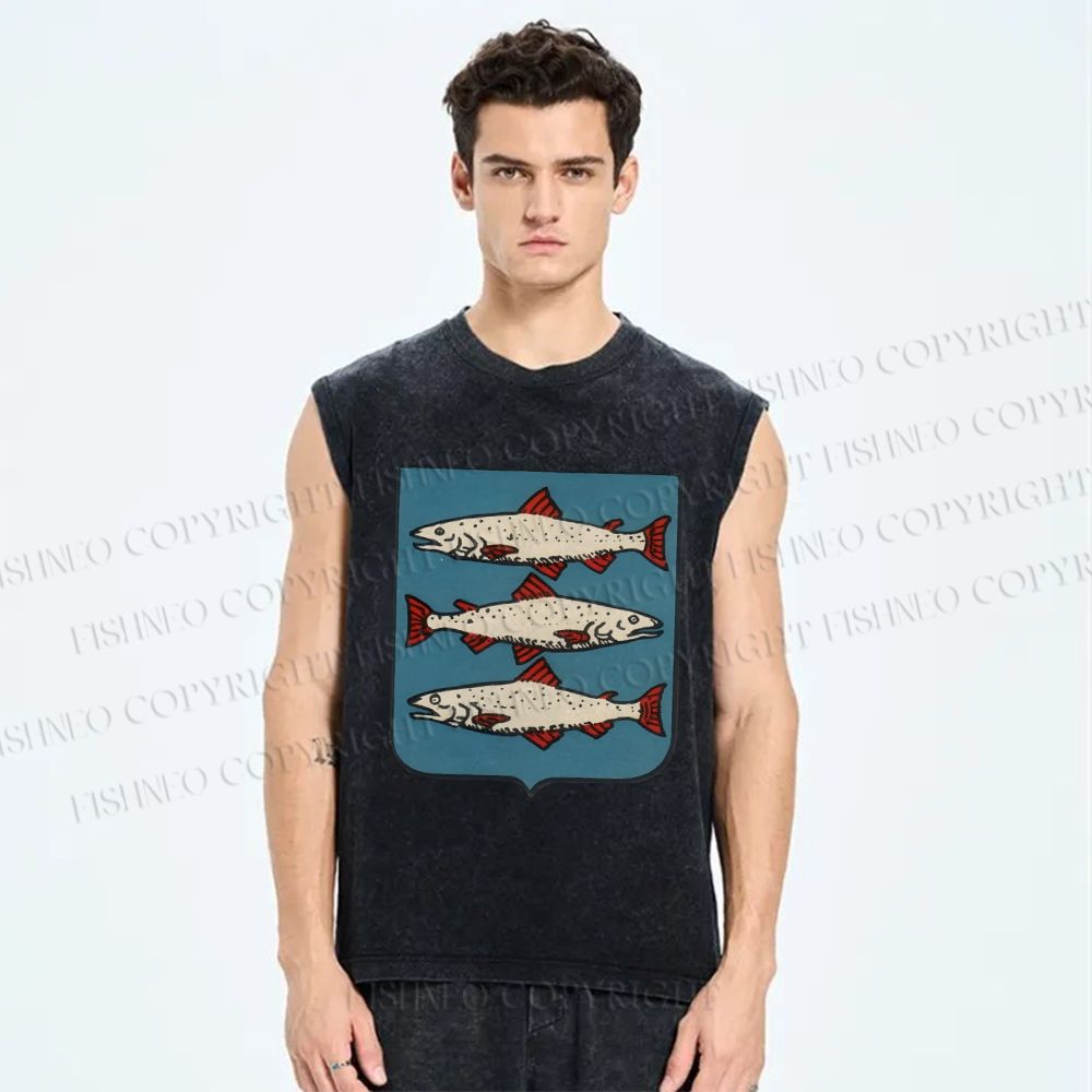Unisex Vintage Fish Printed Washed Tank Top