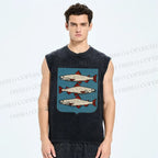 Unisex Vintage Fish Printed Washed Tank Top