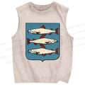 Unisex Vintage Fish Printed Washed Tank Top