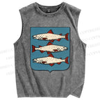 Unisex Vintage Fish Printed Washed Tank Top