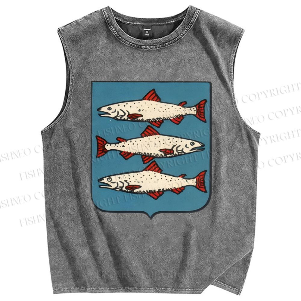 Unisex Vintage Fish Printed Washed Tank Top
