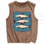 Unisex Vintage Fish Printed Washed Tank Top
