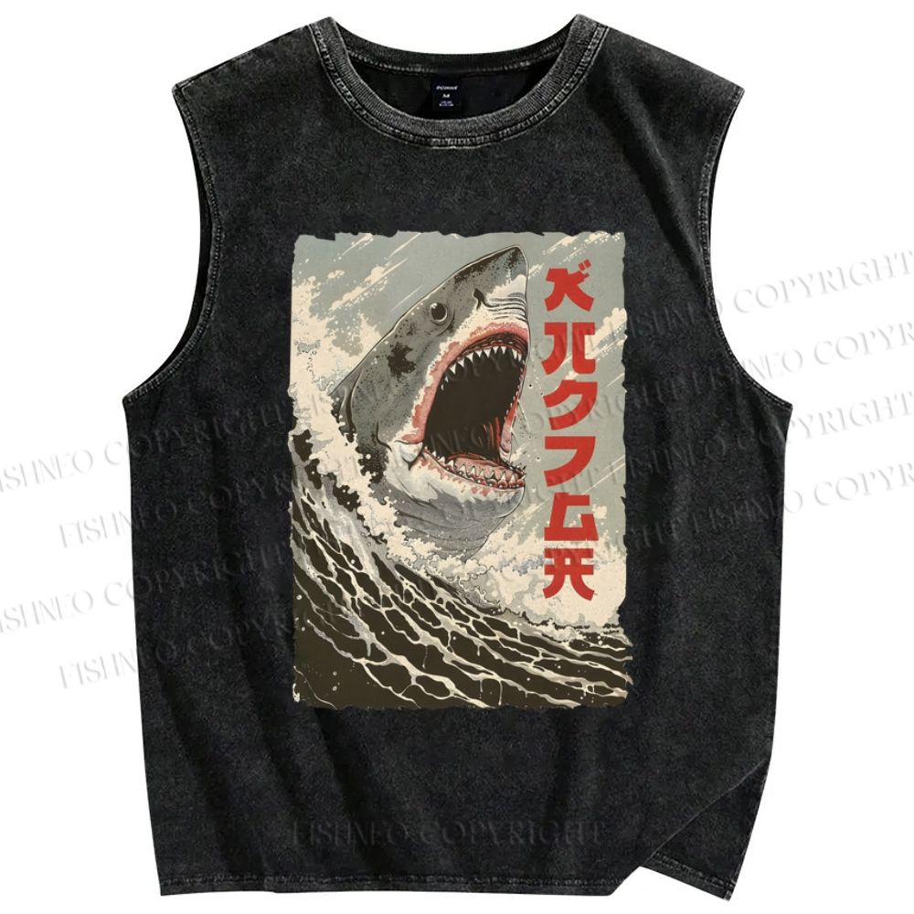 Unisex Shark Printed Washed Tank Top