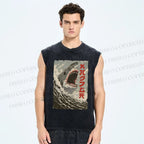 Unisex Shark Printed Washed Tank Top