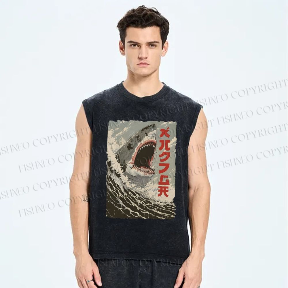 Unisex Shark Printed Washed Tank Top