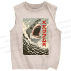 Unisex Shark Printed Washed Tank Top