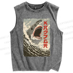 Unisex Shark Printed Washed Tank Top