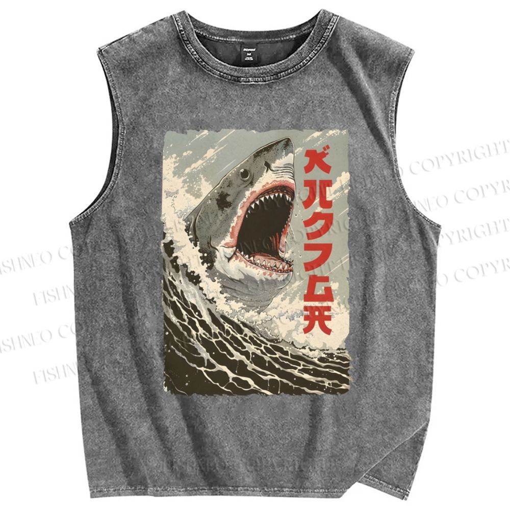 Unisex Shark Printed Washed Tank Top