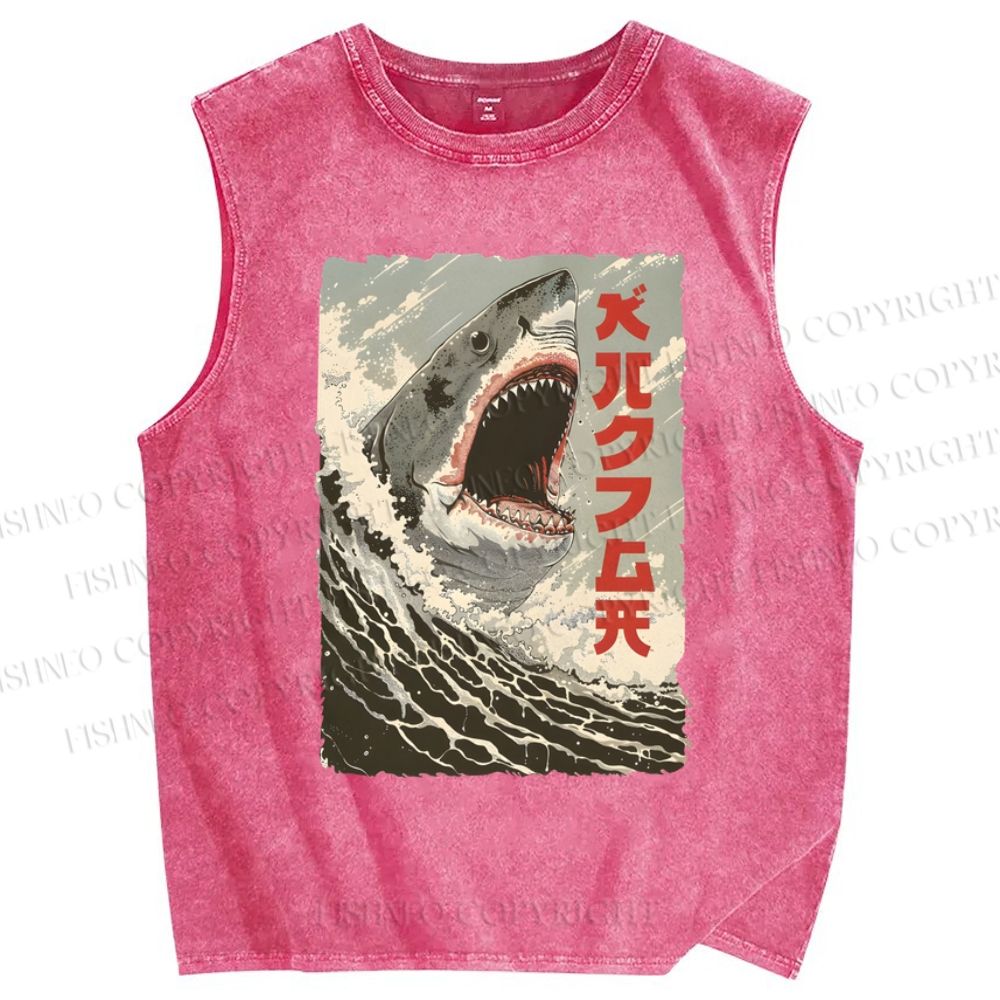 Unisex Shark Printed Washed Tank Top