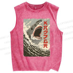 Unisex Shark Printed Washed Tank Top