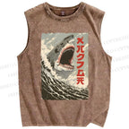 Unisex Shark Printed Washed Tank Top