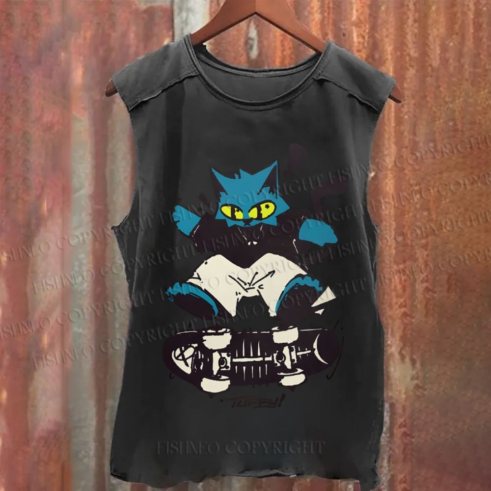 Cartoon Cat Skating Vintage Washed Tank Top