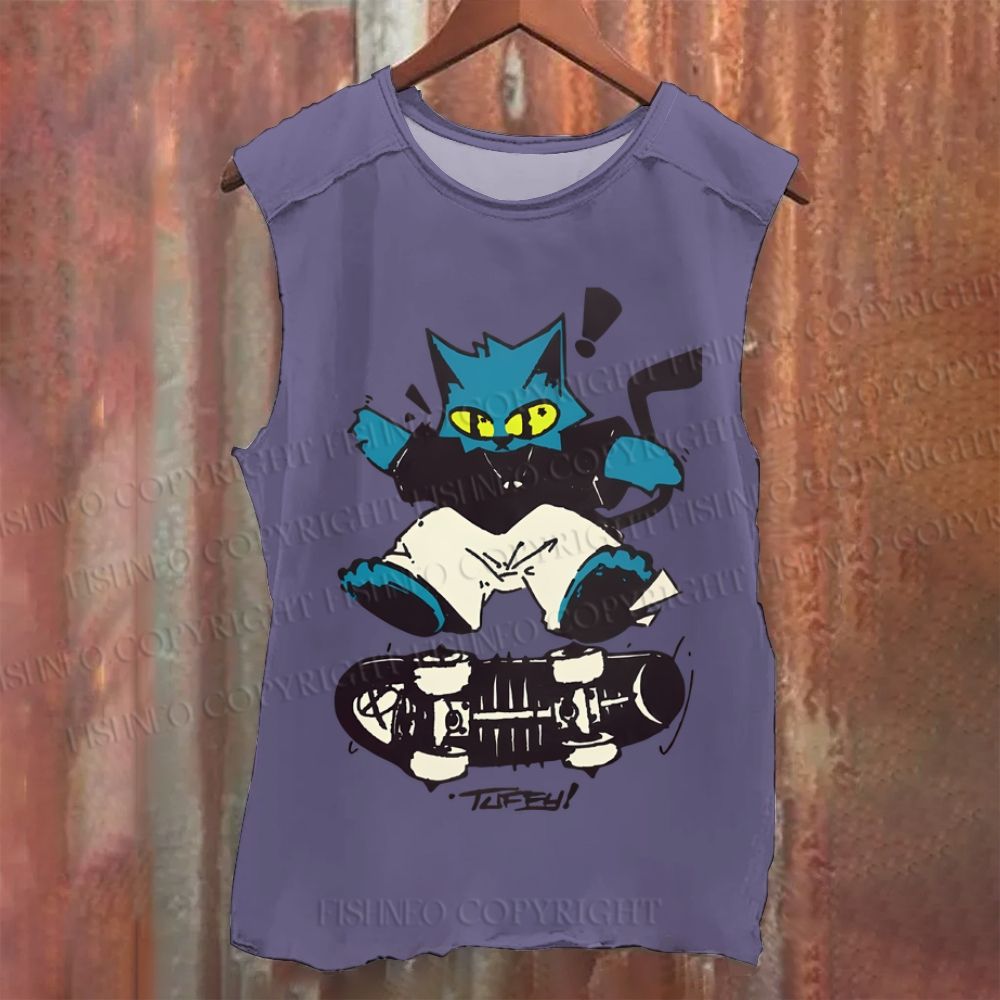 Cartoon Cat Skating Vintage Washed Tank Top
