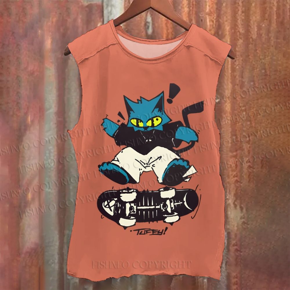 Cartoon Cat Skating Vintage Washed Tank Top