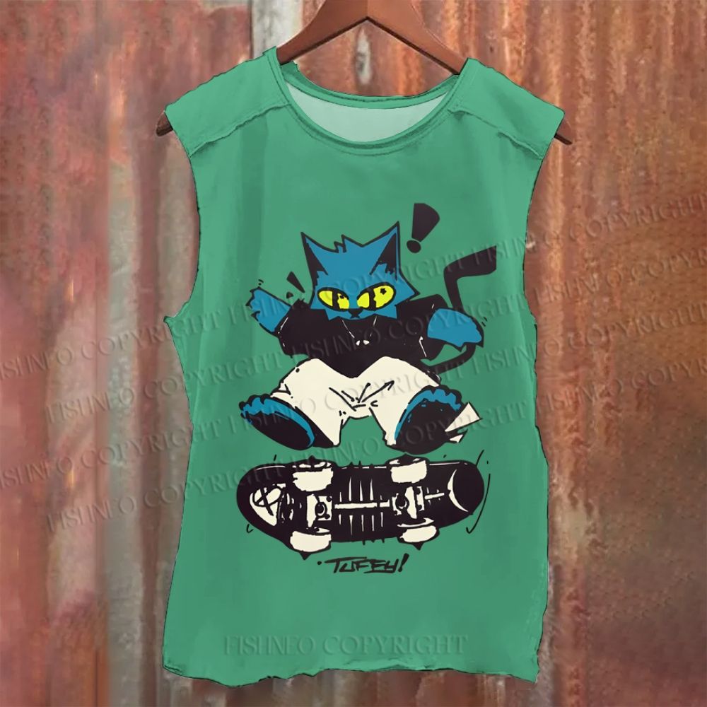 Cartoon Cat Skating Vintage Washed Tank Top