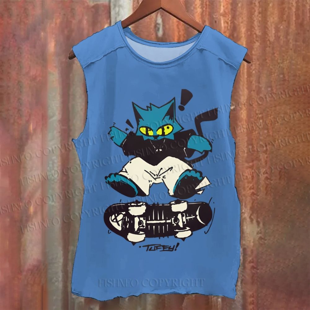 Cartoon Cat Skating Vintage Washed Tank Top