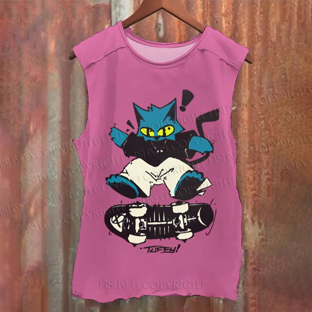 Cartoon Cat Skating Vintage Washed Tank Top
