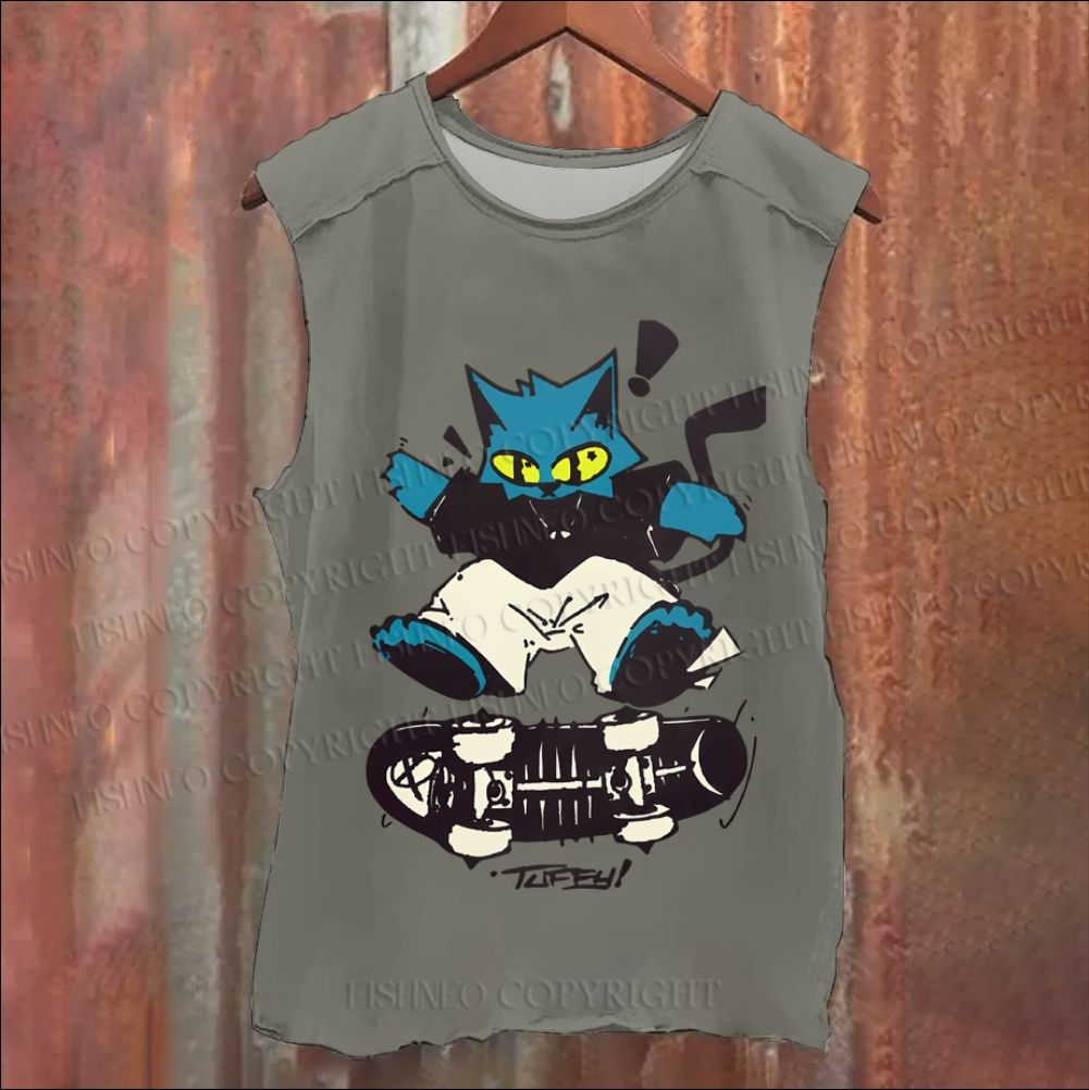 Cartoon Cat Skating Vintage Washed Tank Top