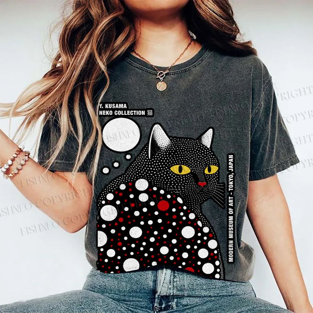 Unisex Japanese Yayoi Kusama Style Cat Printed Washed Tee