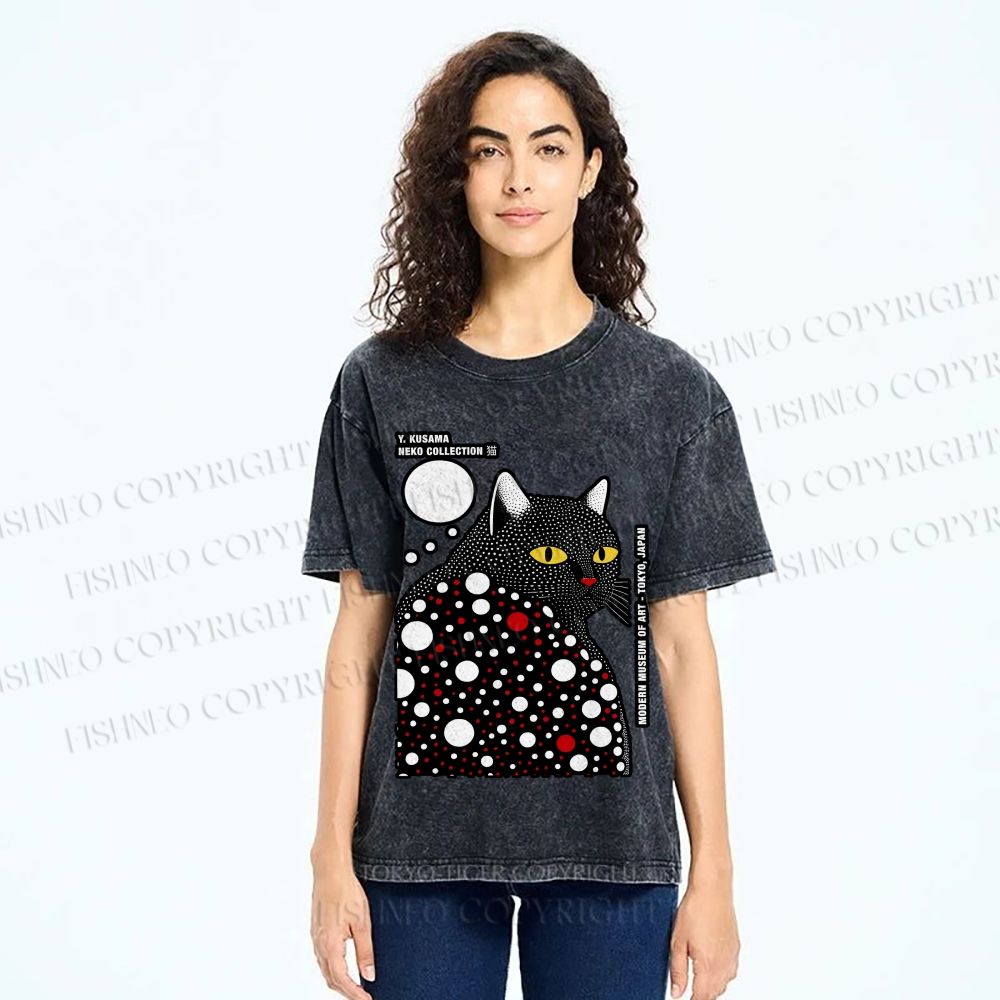 Unisex Japanese Yayoi Kusama Style Cat Printed Washed Tee