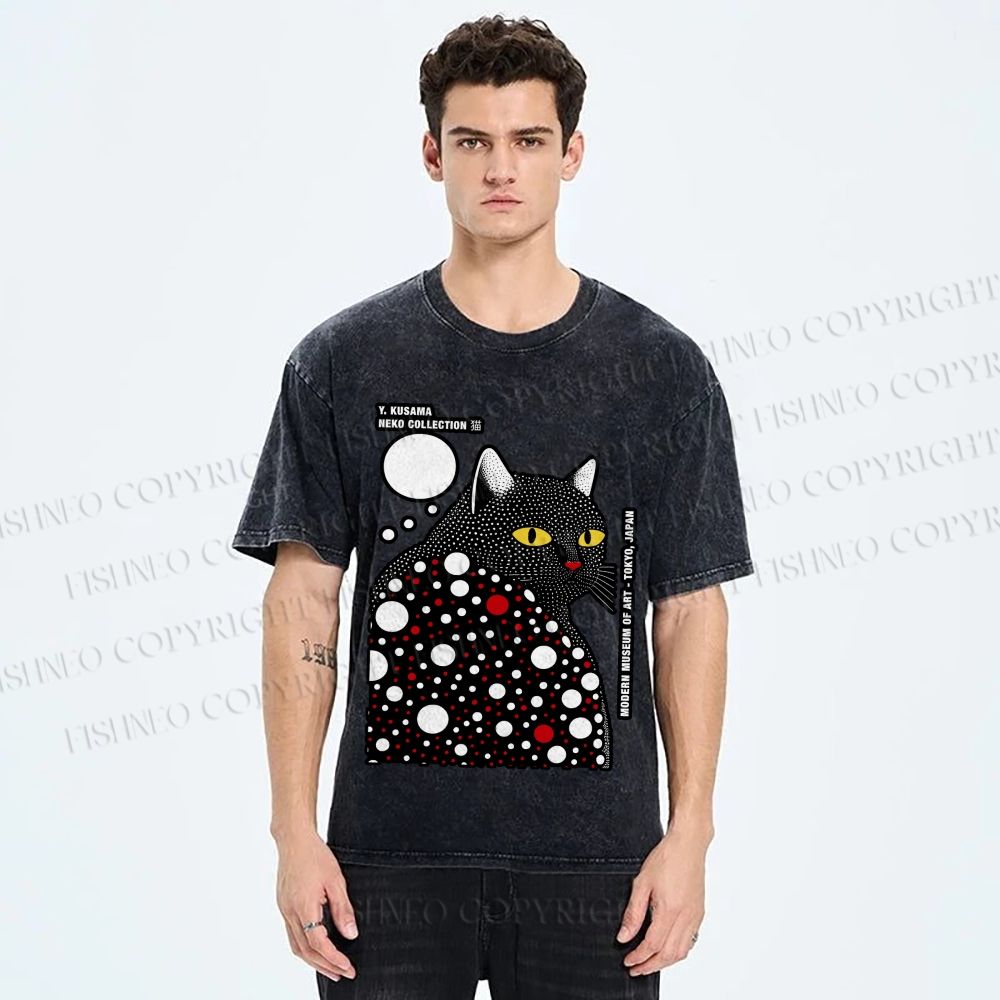 Unisex Japanese Yayoi Kusama Style Cat Printed Washed Tee