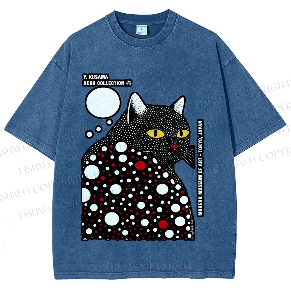 Unisex Japanese Yayoi Kusama Style Cat Printed Washed Tee