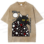 Unisex Japanese Yayoi Kusama Style Cat Printed Washed Tee