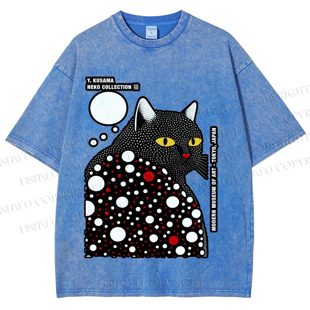 Unisex Japanese Yayoi Kusama Style Cat Printed Washed Tee