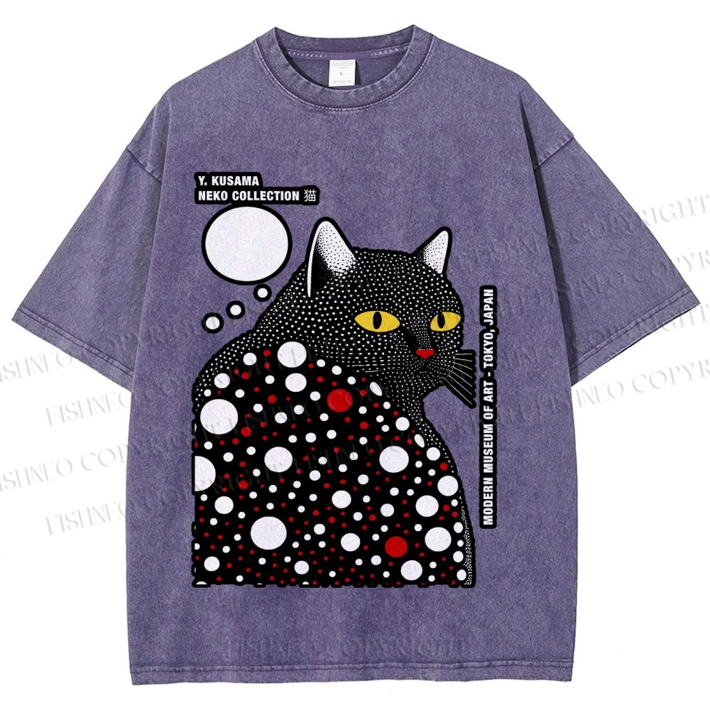 Unisex Japanese Yayoi Kusama Style Cat Printed Washed Tee