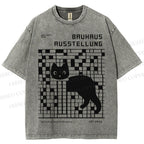 Unisex Bruhaus Ausstellung Cat Printed Washed Tee