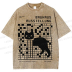 Unisex Bruhaus Ausstellung Cat Printed Washed Tee