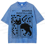 Unisex Bruhaus Ausstellung Cat Printed Washed Tee