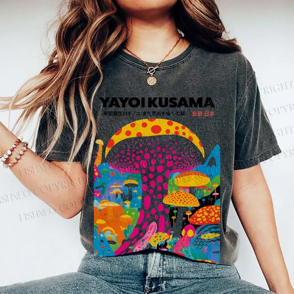 Unisex Japanese Yayoi Kusama Style Mushroom Printed Washed Tee