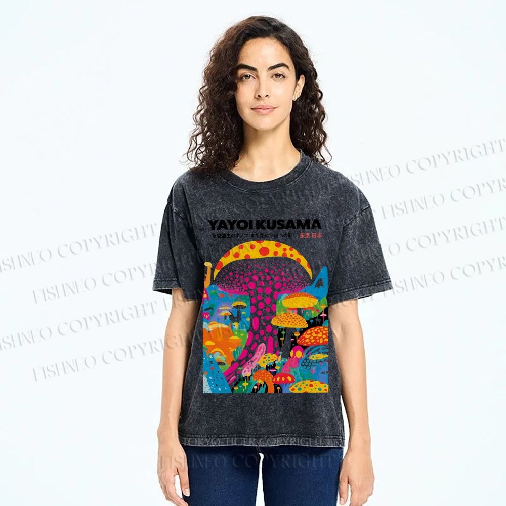 Unisex Japanese Yayoi Kusama Style Mushroom Printed Washed Tee