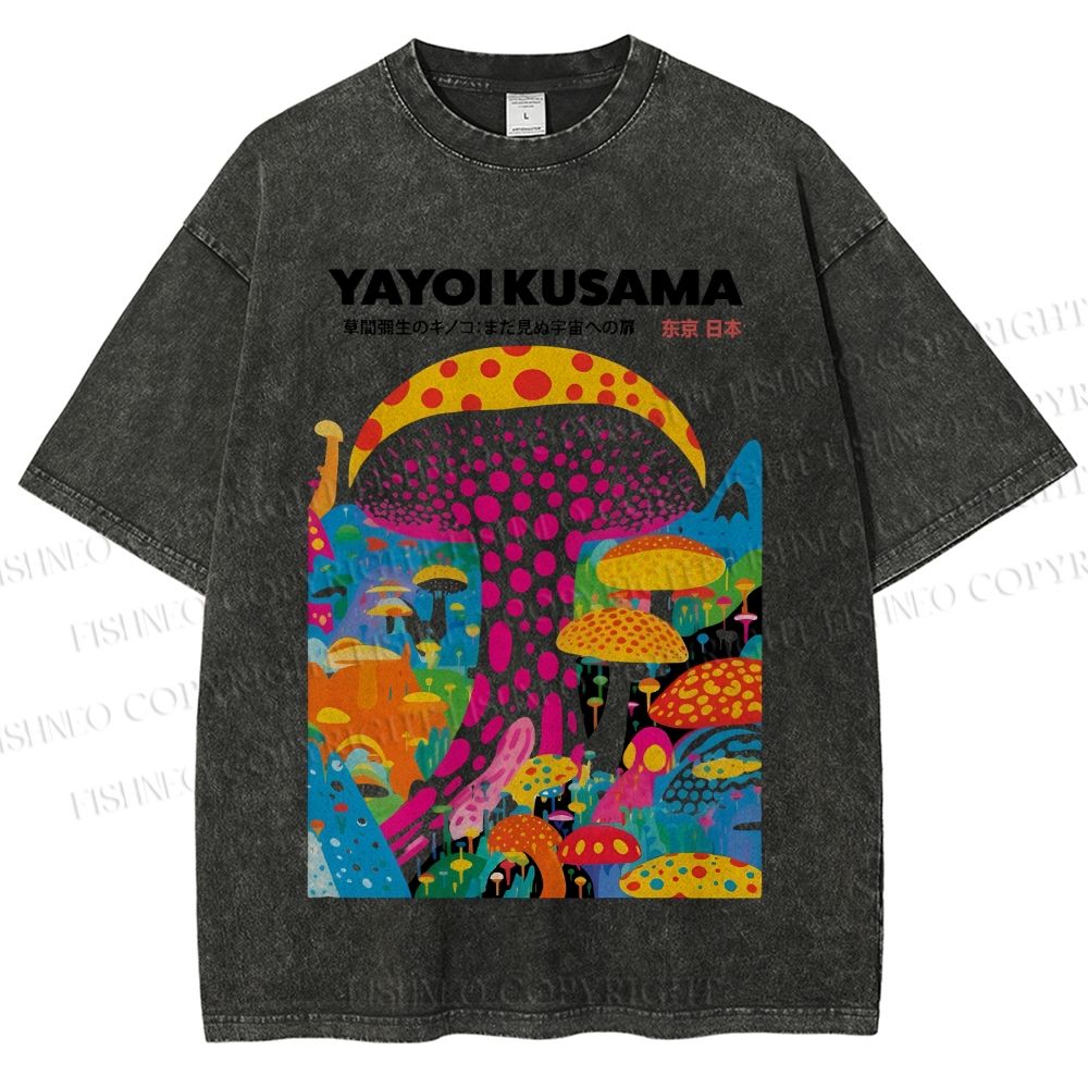 Unisex Japanese Yayoi Kusama Style Mushroom Printed Washed Tee