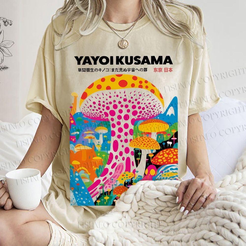 Unisex Japanese Yayoi Kusama Style Mushroom Printed Washed Tee