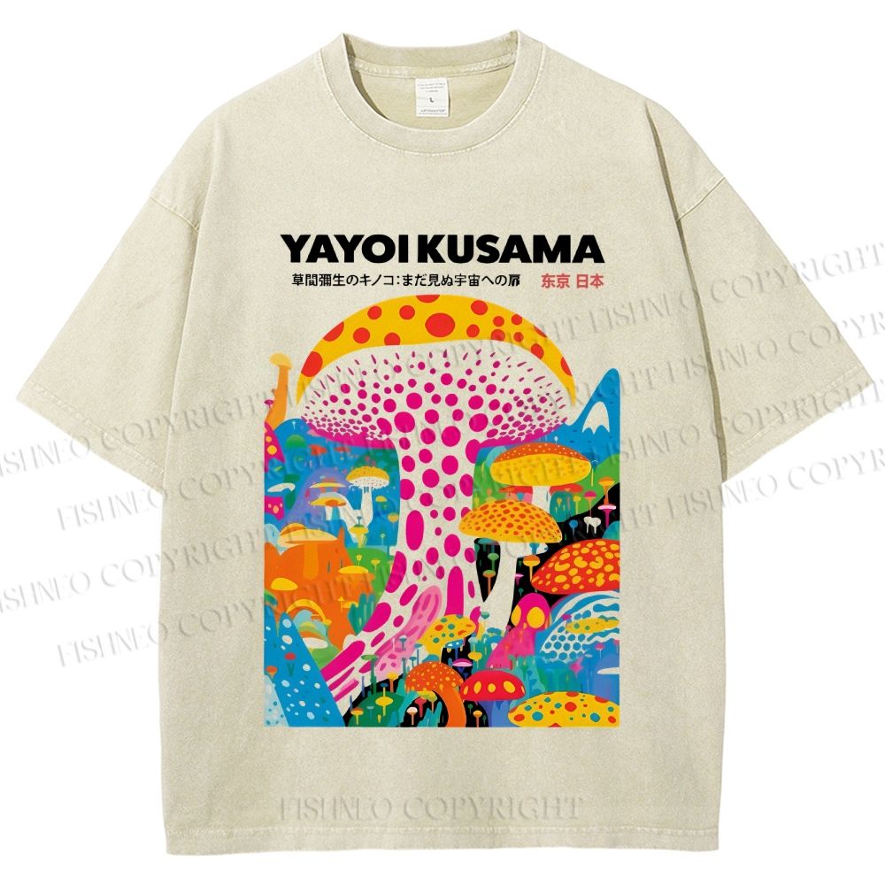 Unisex Japanese Yayoi Kusama Style Mushroom Printed Washed Tee