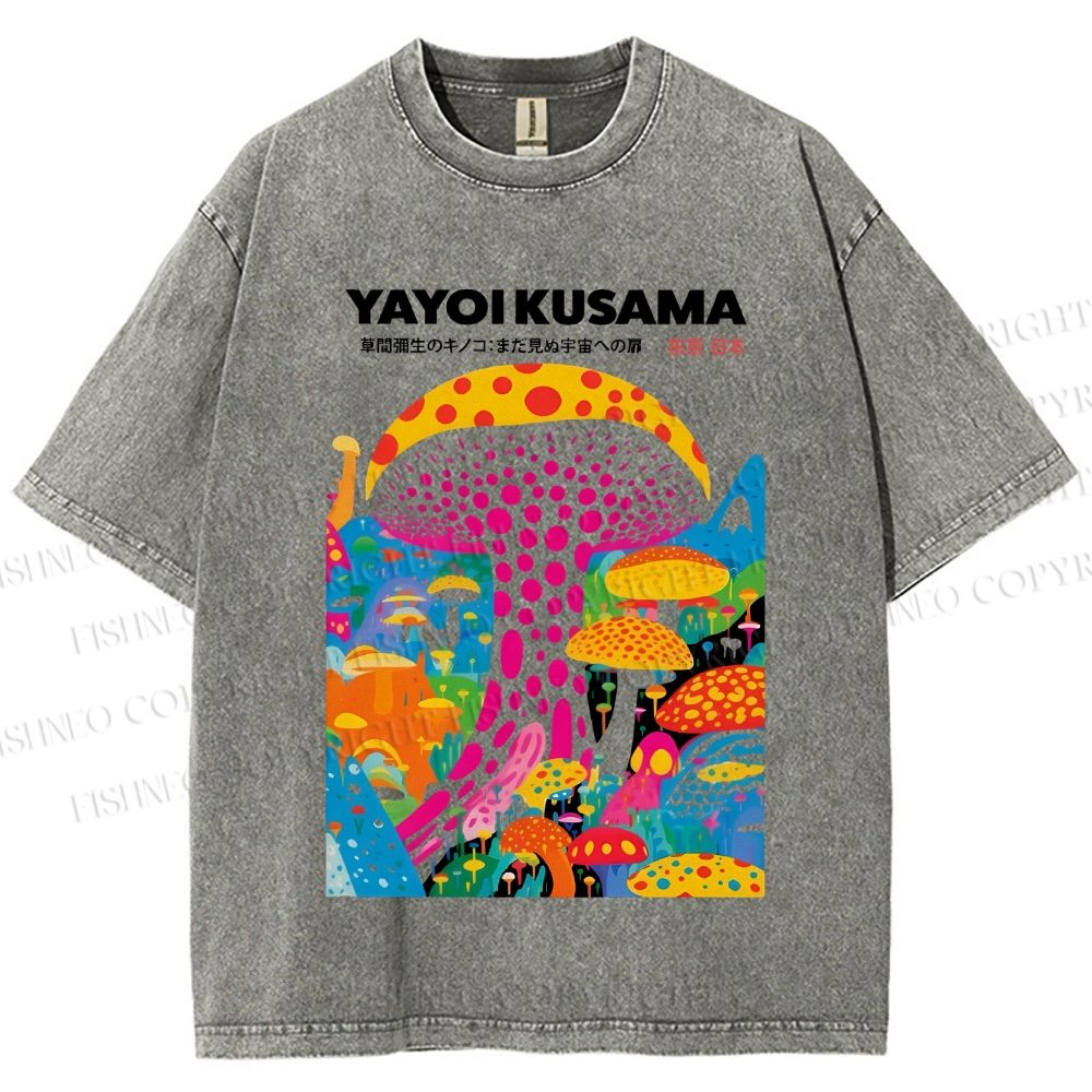 Unisex Japanese Yayoi Kusama Style Mushroom Printed Washed Tee