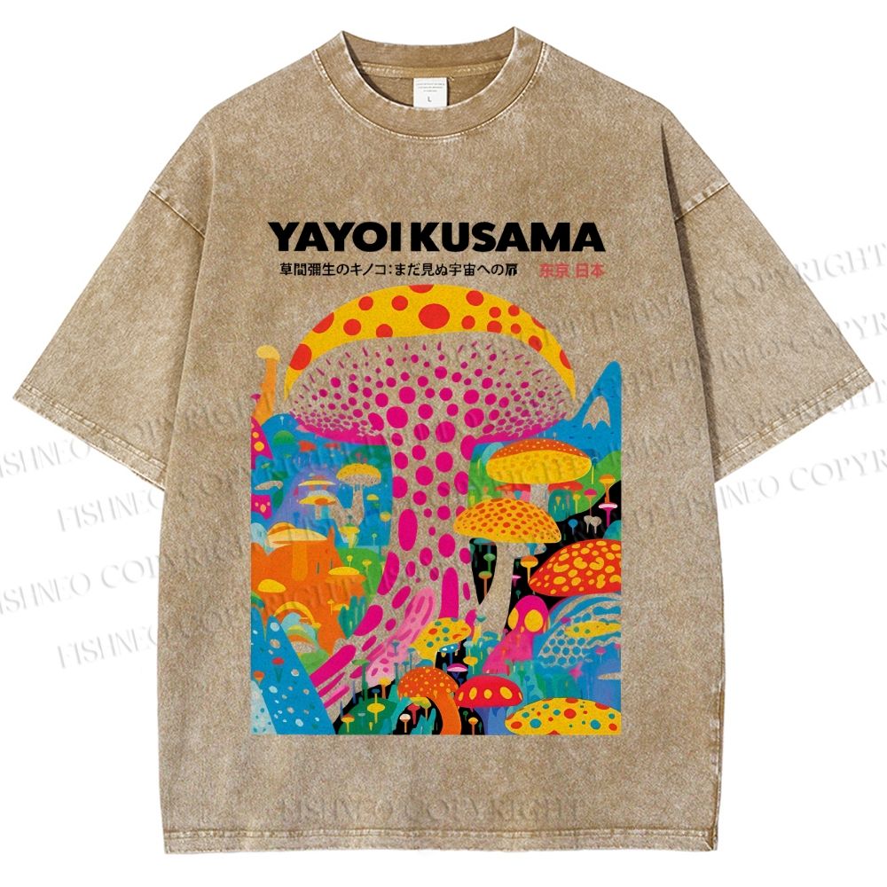 Unisex Japanese Yayoi Kusama Style Mushroom Printed Washed Tee