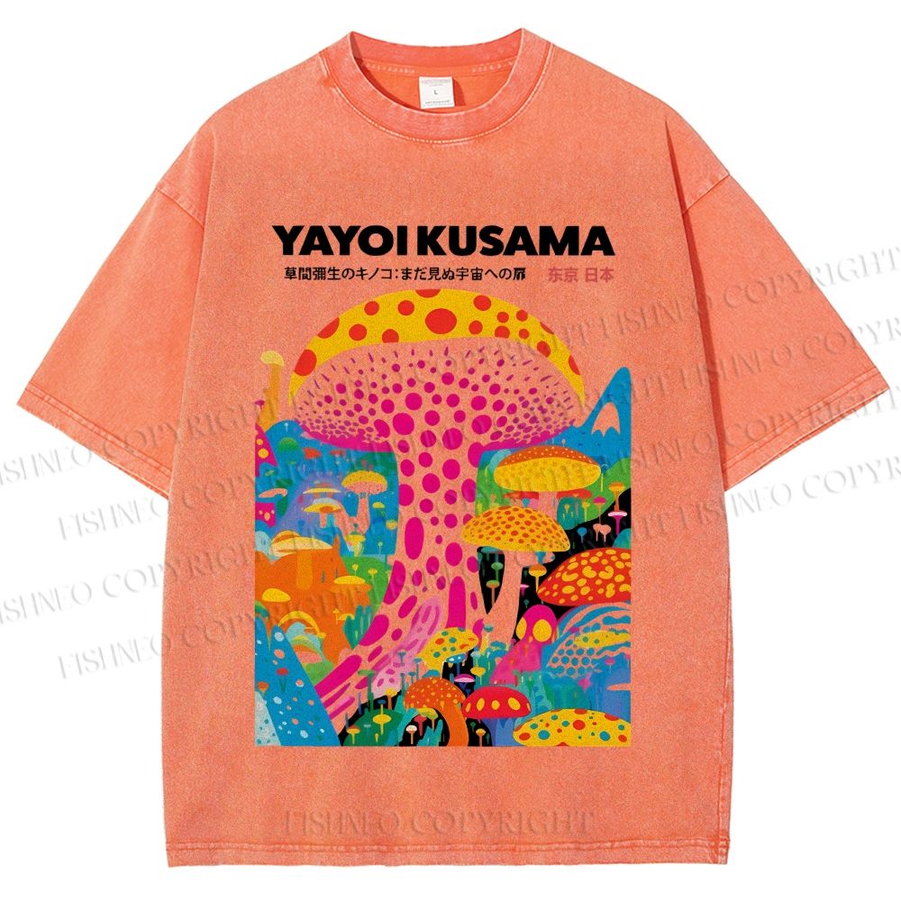 Unisex Japanese Yayoi Kusama Style Mushroom Printed Washed Tee